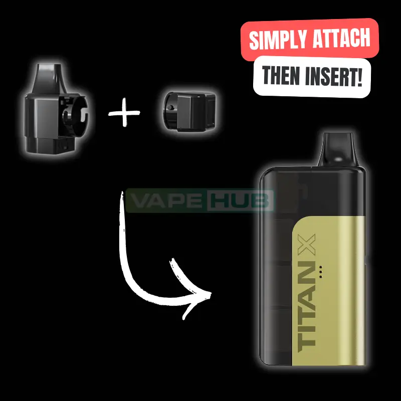 graphic showing how to attach titan replacement pods and insert them into titan x kit