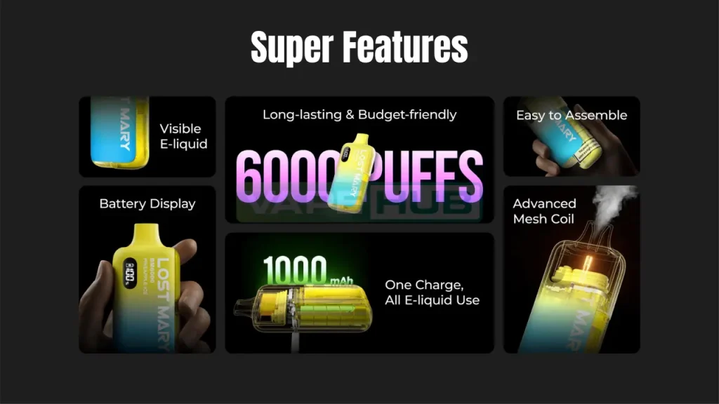 all product features of the lost mary bm6000 prefilled pod kit